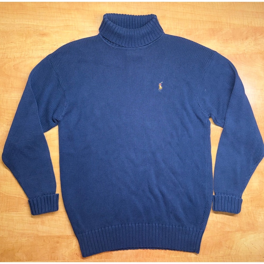 Ralph Lauren Blue Cotton Knit Turtleneck Sweater Pony Logo Mens Small